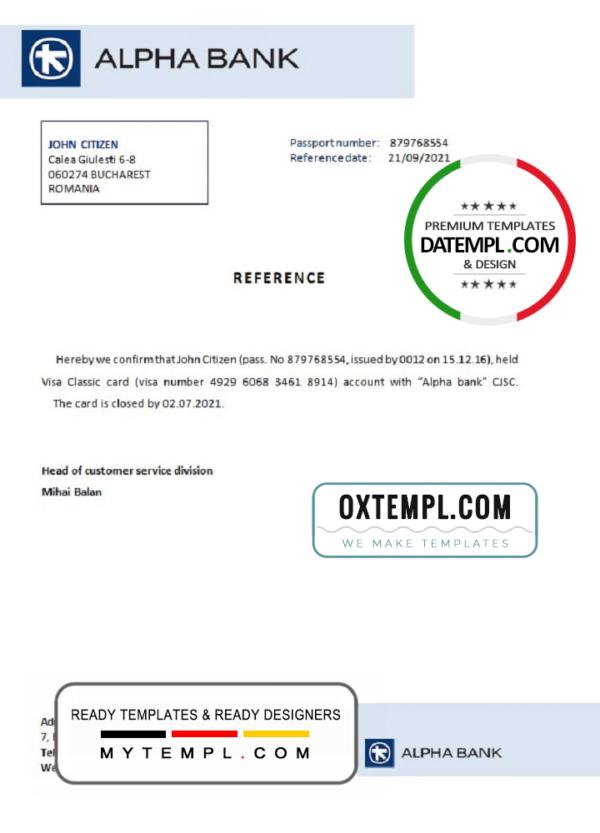 editable template, Romania Alpha Bank bank account closure reference letter template in Word and PDF format