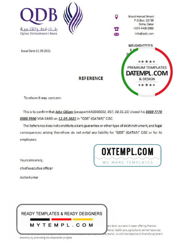 editable template, Qatar Development Bank bank account closure reference letter template in Word and PDF format