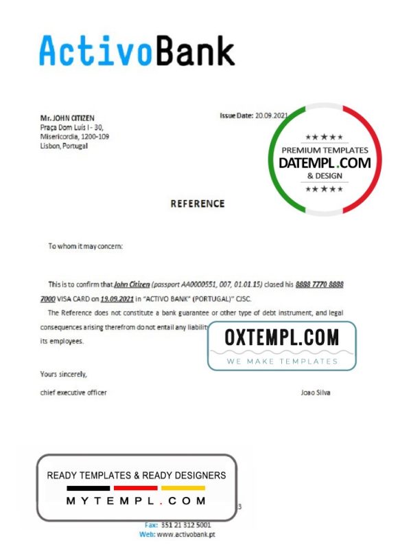 editable template, Portugal Activobank bank account closure reference letter template in Word and PDF format