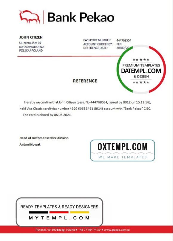 editable template, Poland Bank Pekao bank account closure reference letter template in Word and PDF format