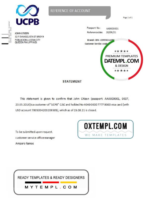 editable template, Philippines UCPB bank account closure reference letter template in Word and PDF format