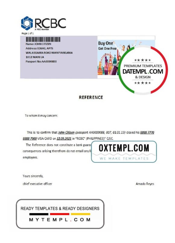 editable template, Philippines RCBC bank account closure reference letter template in Word and PDF format