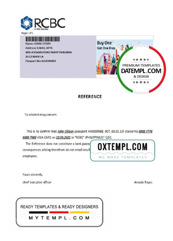 editable template, Philippines RCBC bank account closure reference letter template in Word and PDF format