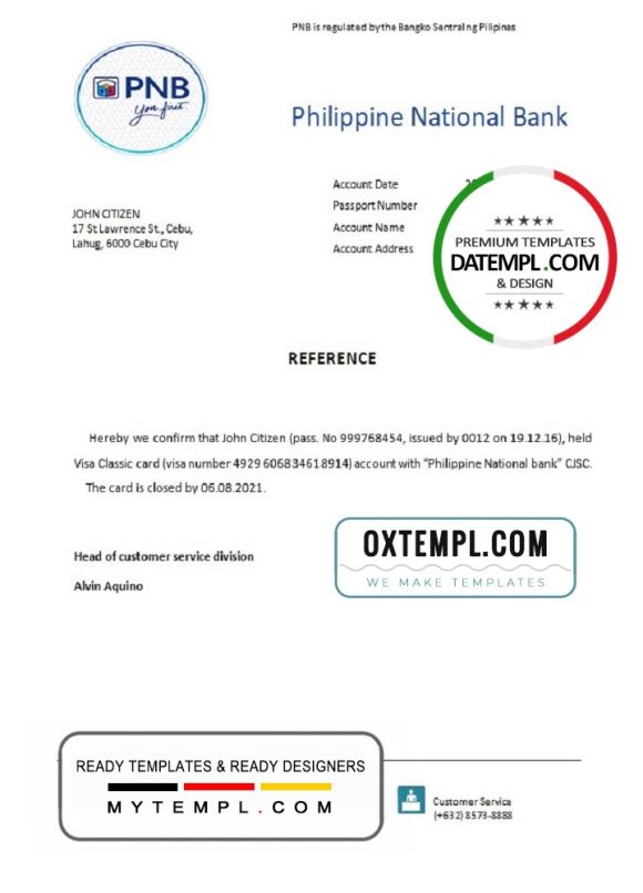 editable template, Philippines Philippine National Bank bank account closure reference letter template in Word and PDF format