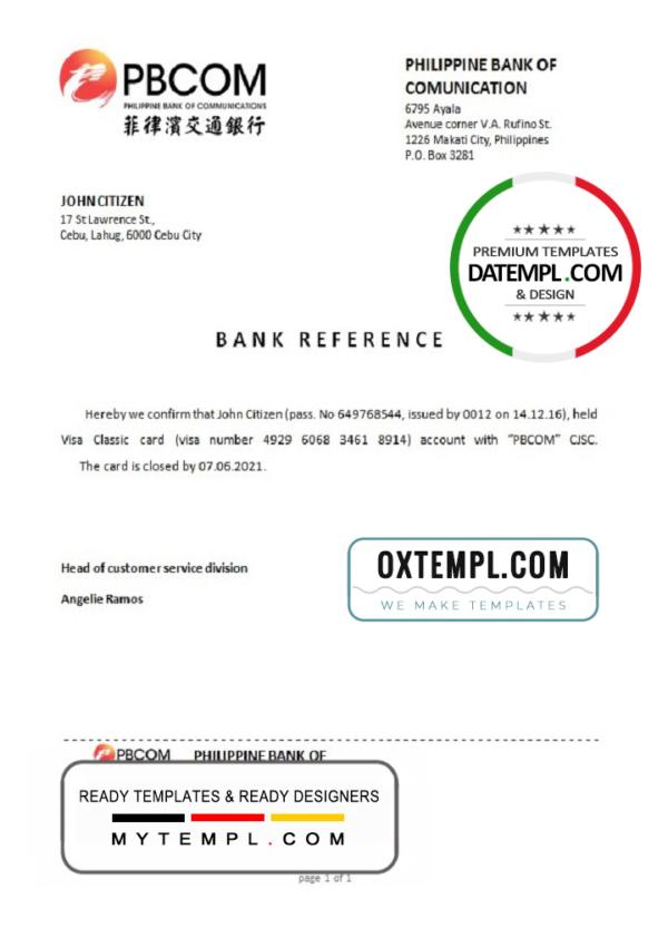 editable template, Philippines Pilippine Bank of Comunication bank account closure reference letter template in Word and PDF format