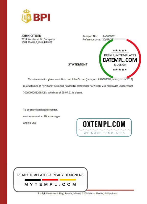 editable template, Philippines BPI bank account closure reference letter template in Word and PDF format