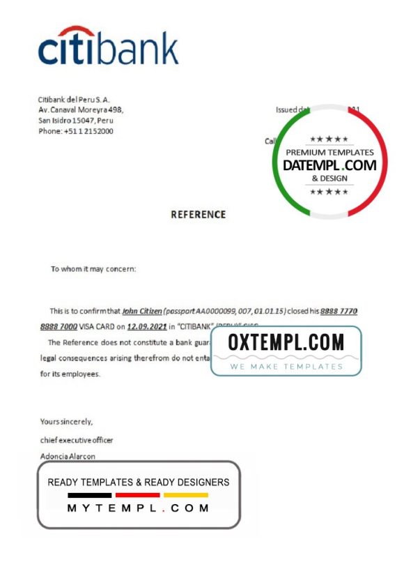 editable template, Peru Citibank bank account closure reference letter template in Word and PDF format