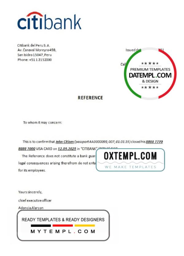 editable template, Peru Citibank bank account closure reference letter template in Word and PDF format