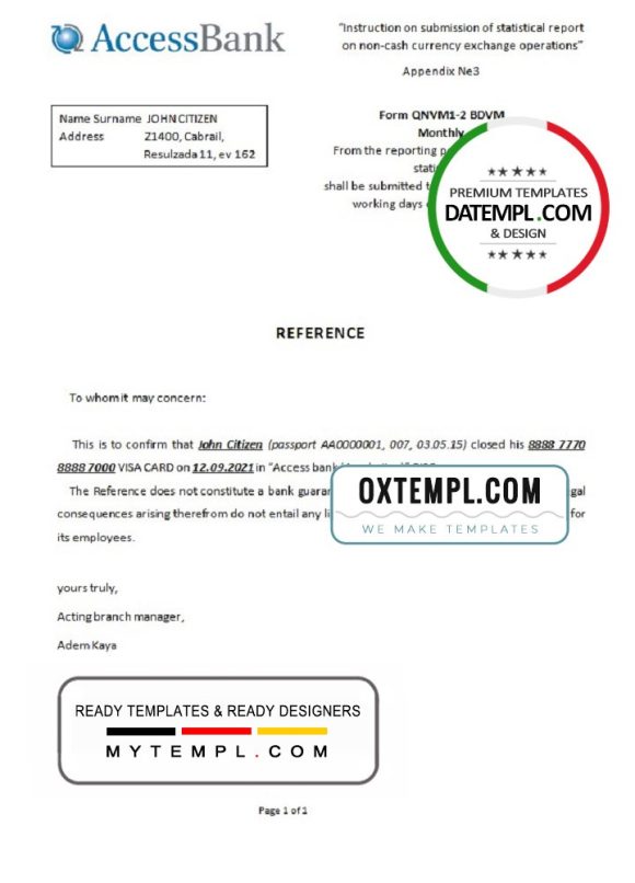 editable template, Azerbaijan Access bank account closure reference letter template in Word and PDF format