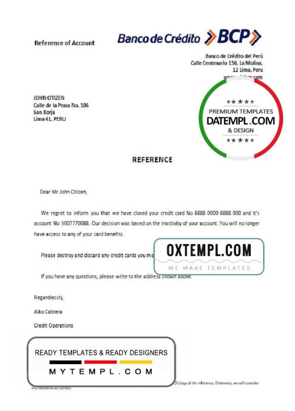 editable template, Peru Banco de Credito bank account closure reference letter template in Word and PDF format