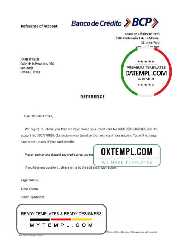 editable template, Peru Banco de Credito bank account closure reference letter template in Word and PDF format