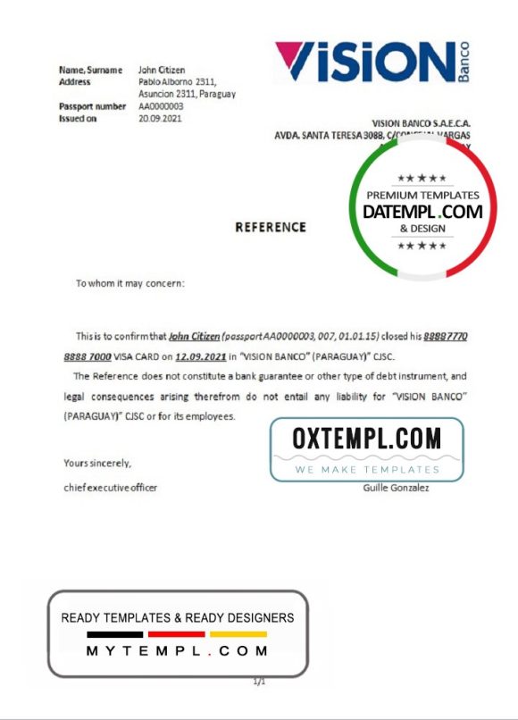 editable template, Paraguay Vision Banco bank account closure reference letter template in Word and PDF format