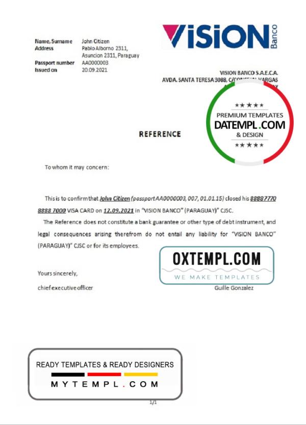 editable template, Paraguay Vision Banco bank account closure reference letter template in Word and PDF format