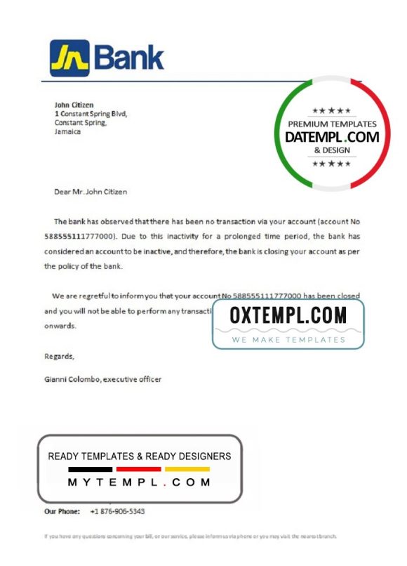 editable template, Jamaica National bank account closure reference letter template in Word and PDF format