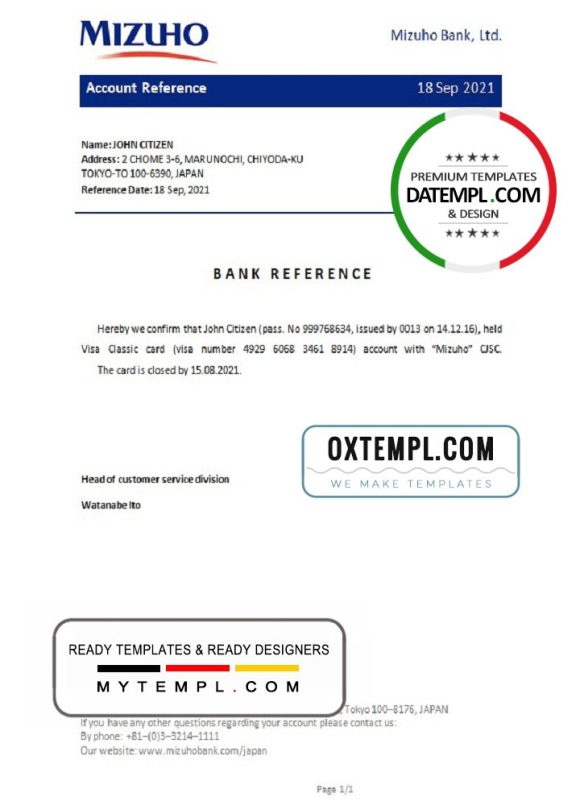 editable template, Japan Mizuho bank account closure reference letter template in Word and PDF format