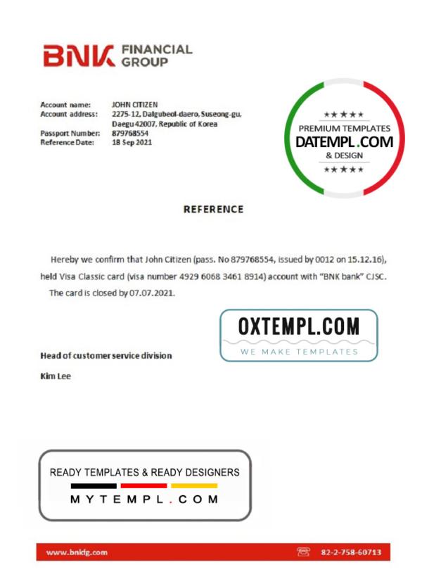 editable template, Korea BNK bank account closure reference letter template in Word and PDF format