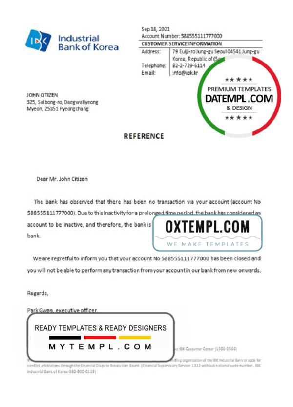 editable template, Korea Industrial Bank of Korea bank account closure reference letter template in Word and PDF format
