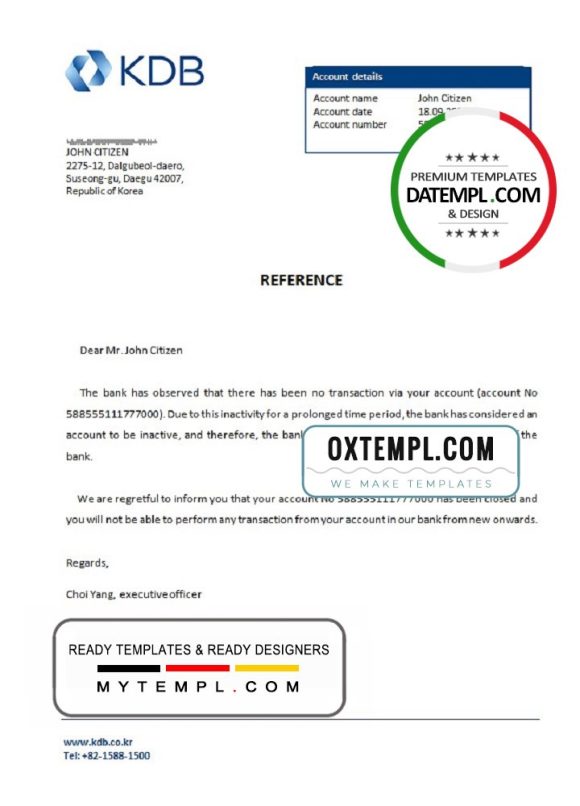 editable template, Korea KDB bank account closure reference letter template in Word and PDF format