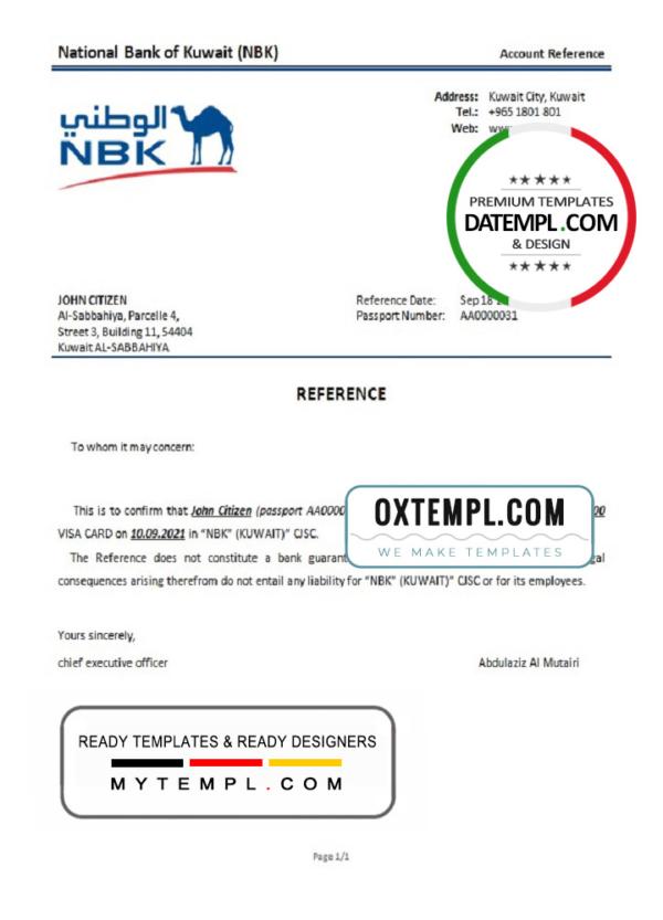 editable template, Kuwait National Bank of Kuwait bank account closure reference letter template in Word and PDF format