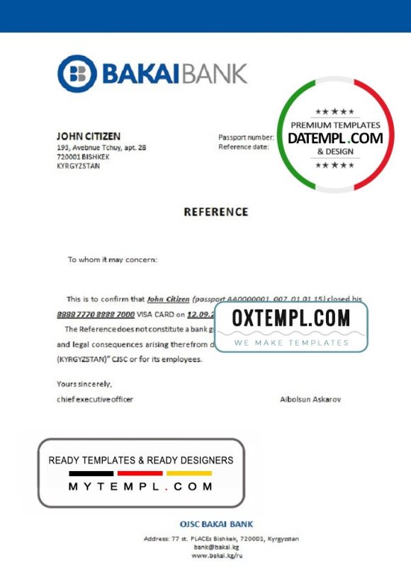 editable template, Kyrgyzstan OJSC Bakai Bank bank account closure reference letter template in Word and PDF format