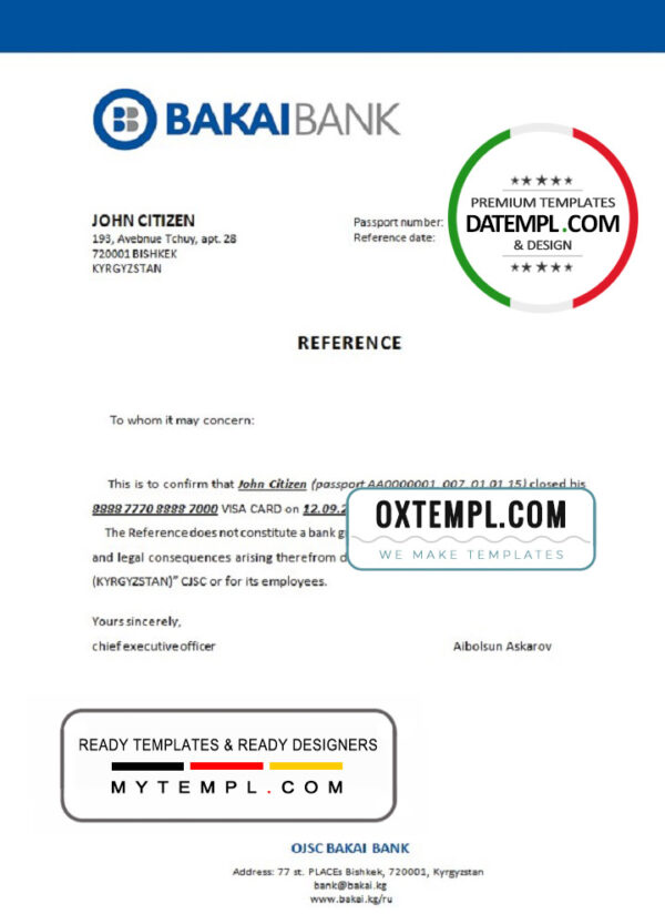 editable template, Kyrgyzstan OJSC Bakai Bank bank account closure reference letter template in Word and PDF format