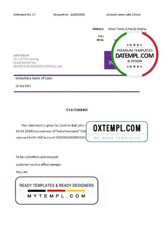 editable template, Laos Indochina Bank bank account closure reference letter template in Word and PDF format