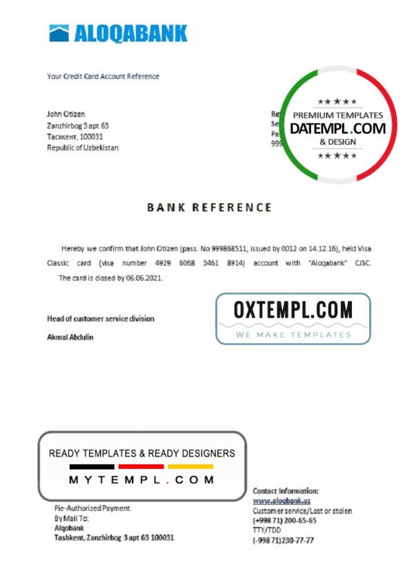 editable template, Uzbekistan Aloqabank account closure reference letter template in Word and PDF format