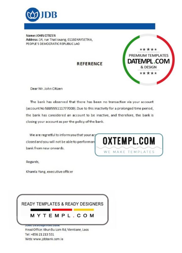 editable template, Laos Joint Development Bank bank account closure reference letter template in Word and PDF format