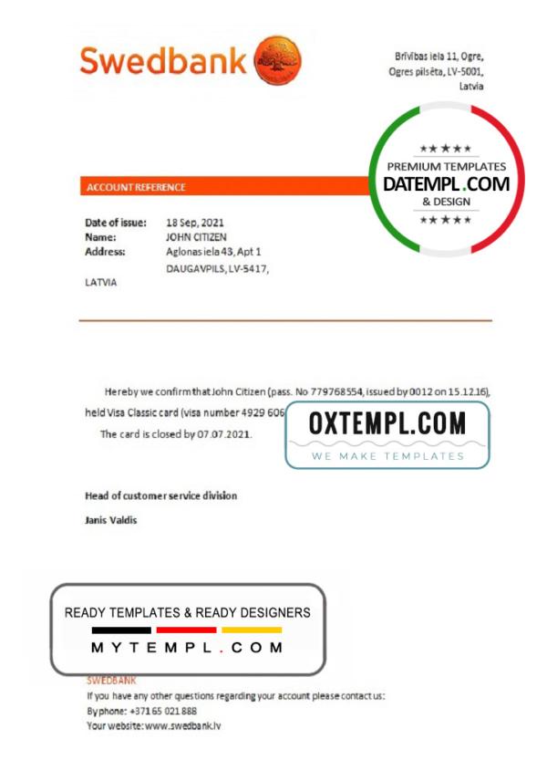 editable template, Latvia Swedbank bank account closure reference letter template in Word and PDF format