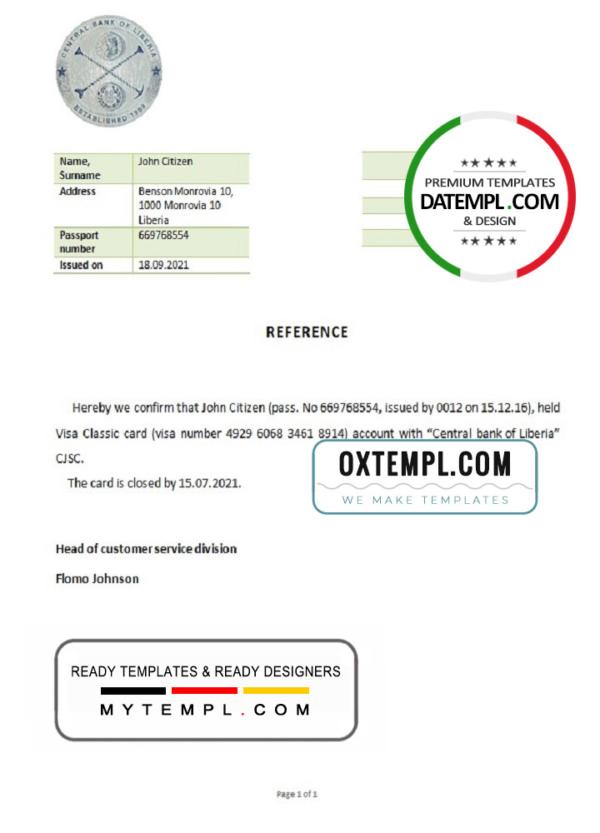 editable template, Liberia Central Bank of Liberia bank account closure reference letter template in Word and PDF format