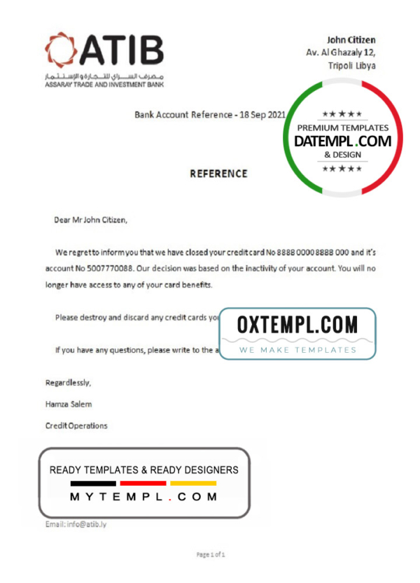 editable template, Libya Assaray Bank bank account closure reference letter template in Word and PDF format