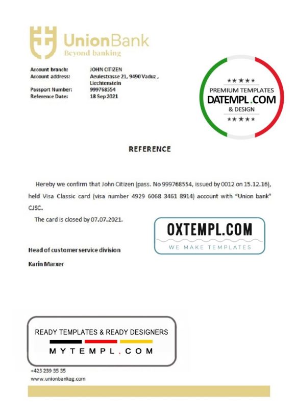 editable template, Liechtenstein Union Bank bank account closure reference letter template in Word and PDF format