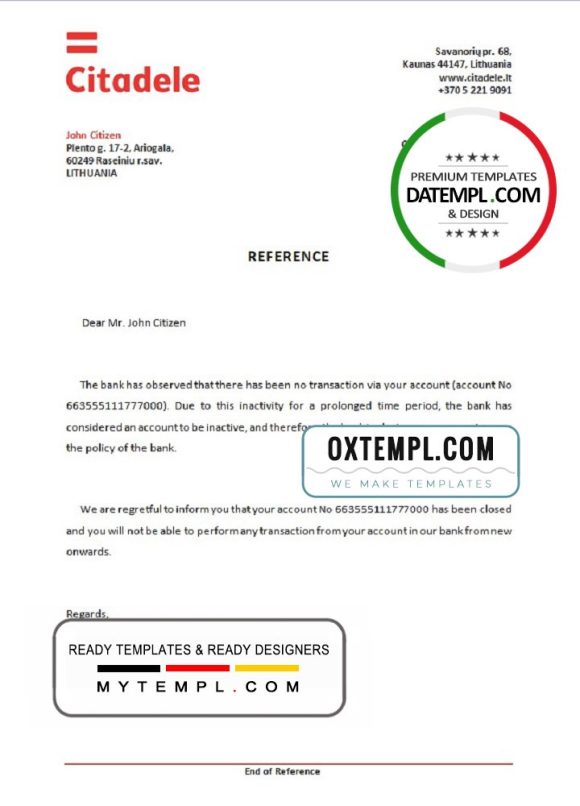 editable template, Lithuania Citadele bank account closure reference letter template in Word and PDF format