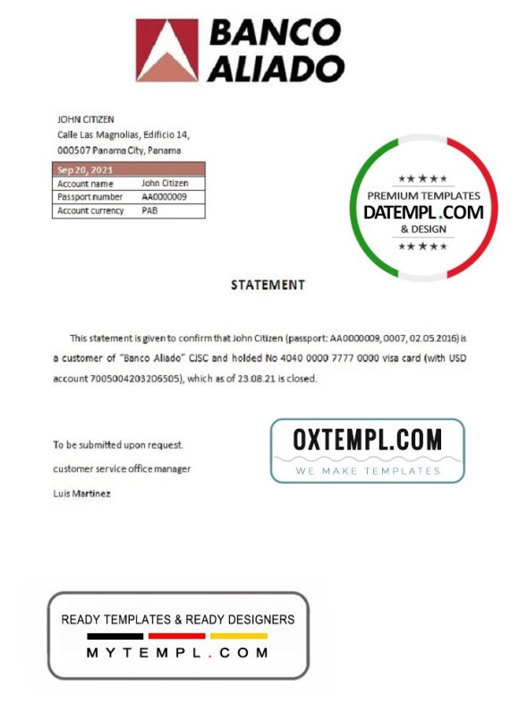 editable template, Panama Banco Aliado bank account closure reference letter template in Word and PDF format