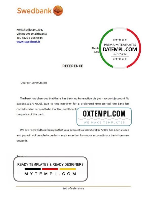 editable template, Lithuania Swedbank bank account closure reference letter template in Word and PDF format