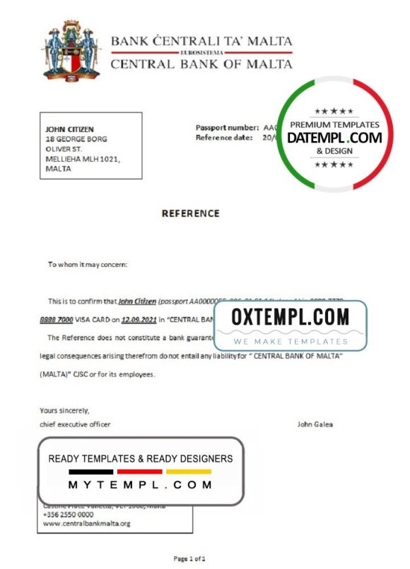 editable template, Malta Central Bank of Malta bank account closure reference letter template in Word and PDF format