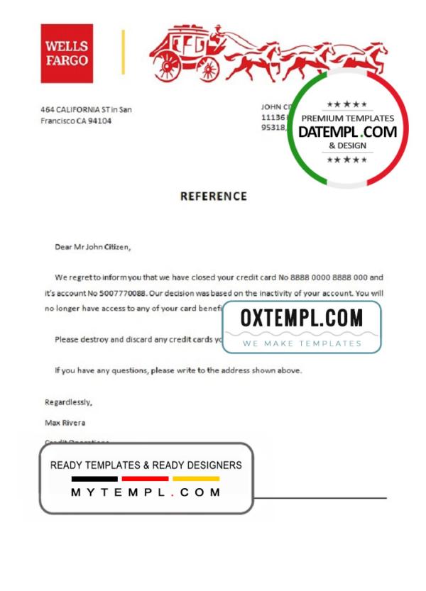 editable template, USA Wells Fargo Bank account closure reference letter template in Word and PDF format