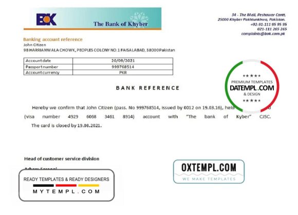 editable template, Pakistan Khyber bank account closure reference letter template in Word and PDF format
