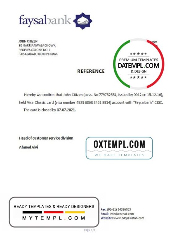 editable template, Pakistan Faysalbank bank account closure reference letter template in Word and PDF format