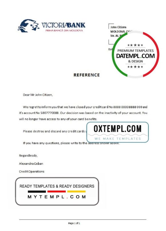 editable template, Moldova Victoriabank bank account closure reference letter template in Word and PDF format