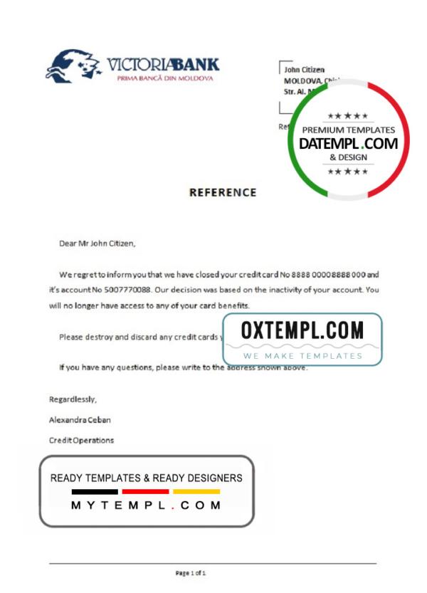 editable template, Moldova Victoriabank bank account closure reference letter template in Word and PDF format