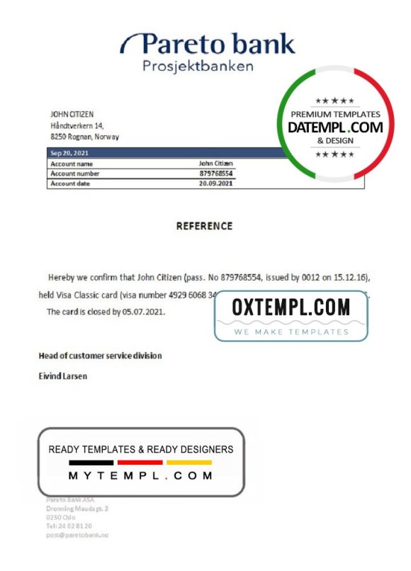 editable template, Norway Pareto Bank bank account closure reference letter template in Word and PDF format