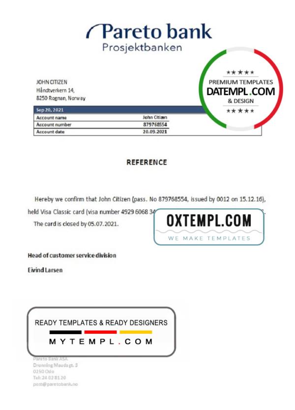 editable template, Norway Pareto Bank bank account closure reference letter template in Word and PDF format