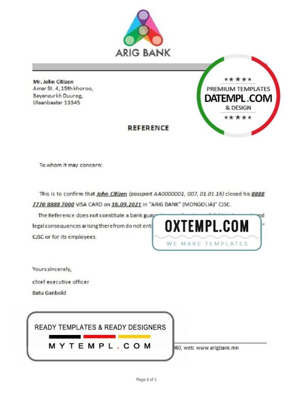 editable template, Mongolia Arig Bank bank account closure reference letter template in Word and PDF format