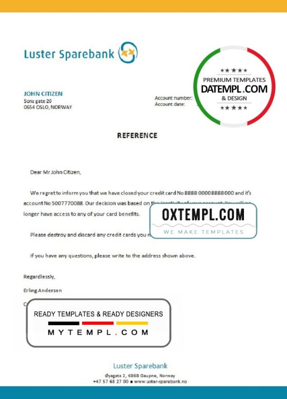 editable template, Norway Luster Sparebank bank account closure reference letter template in Word and PDF format