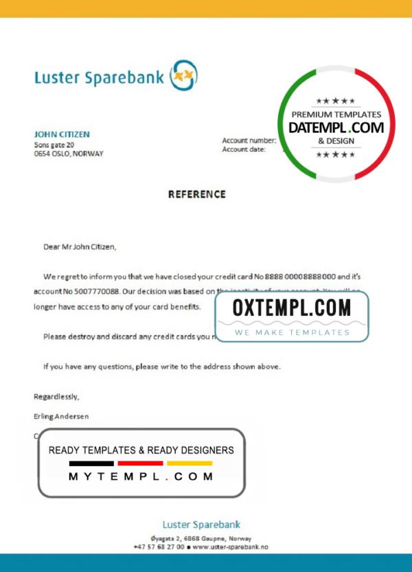 editable template, Norway Luster Sparebank bank account closure reference letter template in Word and PDF format