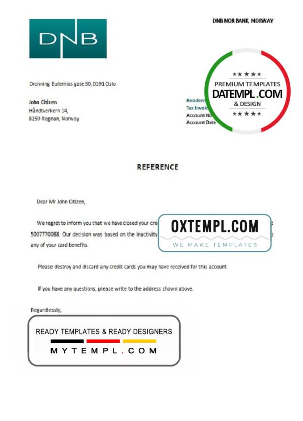 editable template, Norway DNB Nor Bank bank account closure reference letter template in Word and PDF format
