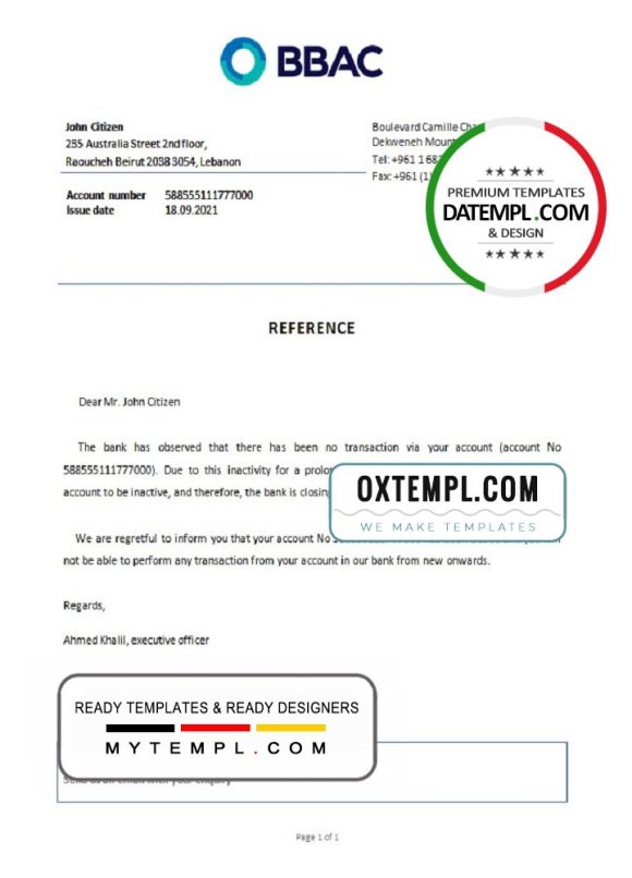 editable template, Lebanon Bank of Beirut and the Arab Countries bank account closure reference letter template in Word and PDF format
