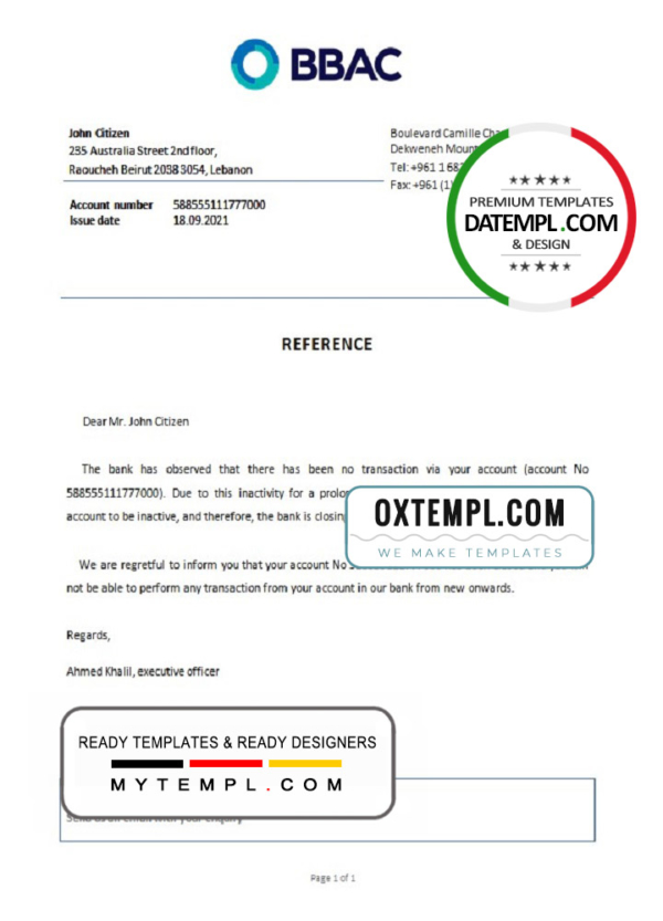 editable template, Lebanon Bank of Beirut and the Arab Countries bank account closure reference letter template in Word and PDF format