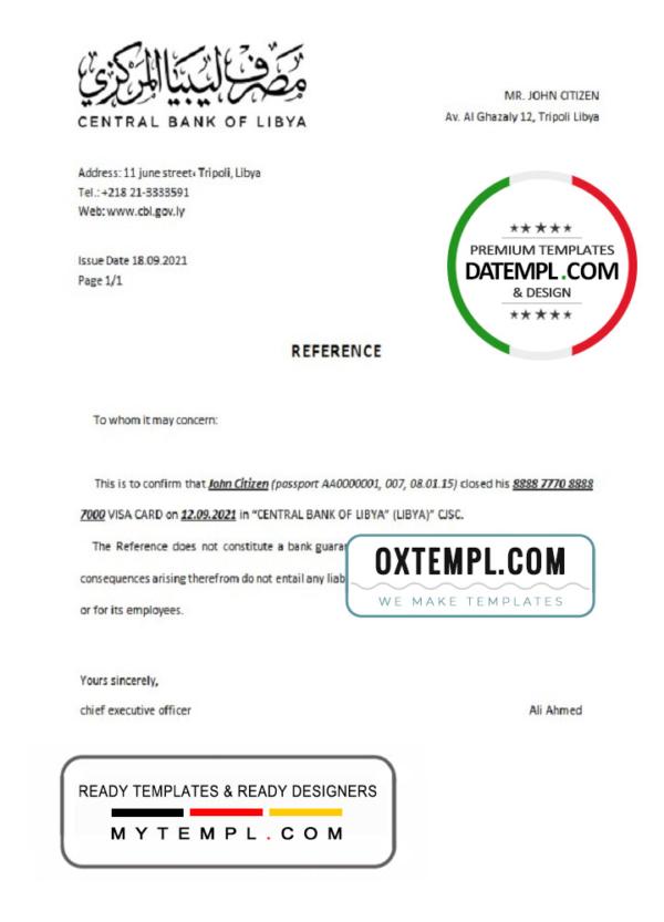 editable template, Libya Central Bank of Libya bank account closure reference letter template in Word and PDF format